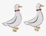 To hvide andeformede dekorationsfigurer med gyldent næb og fødder, hver med en rød sløjfe om halsen; den ene har en glitrende overflade, og den anden er mat.