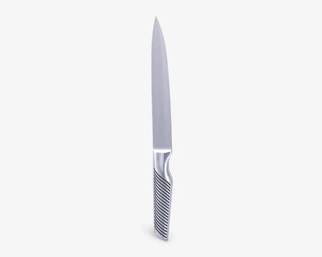 Elegant, moderne kniv med lige klinge og ergonomisk håndtag. Håndtaget har et tekstureret, diagonalt stribet mønster for bedre greb og et stilfuldt udseende. Kniven er fremstillet i rustfrit stål, hvilket giver et ensartet og blankt udtryk.