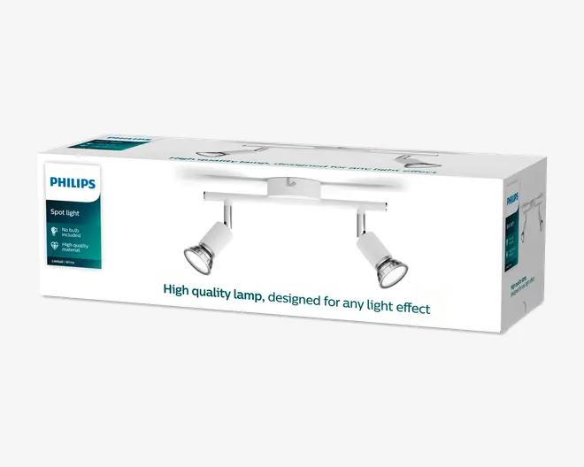 Philips Spot light-emballage med en hvid, justerbar loftsspot med to spots vist på æsken, i en ren hvid detailkasse med turkis detaljer.