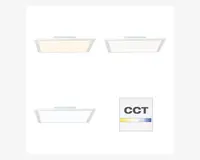 Billedet viser tre rektangulære loftslamper, der hver udsender en forskellig farvetemperatur: varm hvid, neutral hvid og kold hvid. Der er også et CCT-ikon (Correlated Color Temperature) med en gradientbjælke fra gul til blå, hvilket indikerer justerbare farvetemperaturmuligheder.