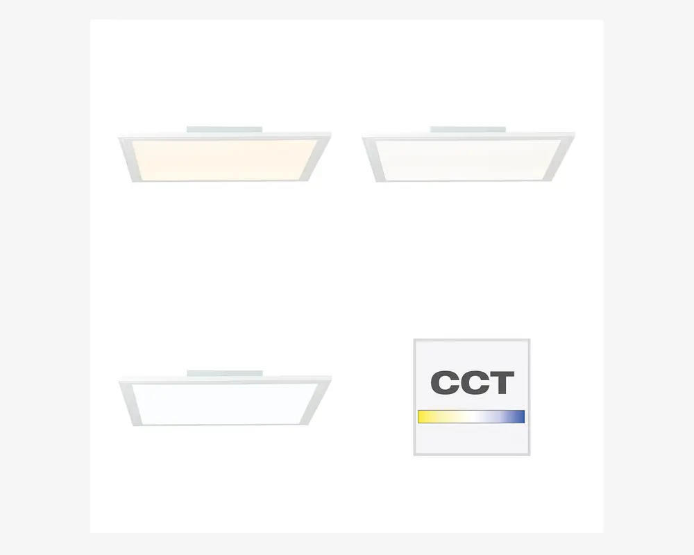 Billedet viser tre rektangulære loftslamper, der hver udsender en forskellig farvetemperatur: varm hvid, neutral hvid og kold hvid. Der er også et CCT-ikon (Correlated Color Temperature) med en gradientbjælke fra gul til blå, hvilket indikerer justerbare farvetemperaturmuligheder.