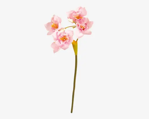 Kunstig blomsterstilk med fem store, sarte lyserøde blomster med gule og hvide midter. Kronbladene har en blød, realistisk tekstur og fine farveovergange. Den lange, slanke grønne stilk har et enkelt gulgrønt blad tæt på blomsterne.