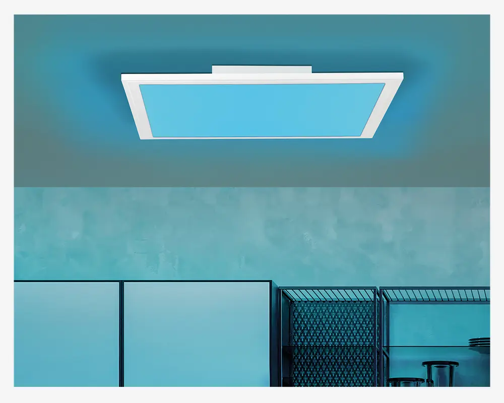 Rektangulær loftlampe med et moderne, minimalistisk design. Lampen har en hvid ramme og et blåtonet panel, der udsender et blødt, jævnt lys. Den er monteret direkte på loftet og har et stilrent, diskret udseende. Lampen passer godt til moderne indretning og giver bred, diffus belysning.