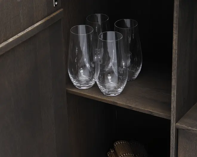 Reolopstilling med døre og skuffer røget eg