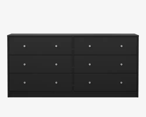 Elegant, moderne kommode med mat sort finish og seks rummelige skuffer fordelt i to kolonner. Hver skuffe har et enkelt rundt metalgreb for nem åbning. Designet er minimalistisk med rene linjer, hvilket gør den velegnet til moderne indretning.