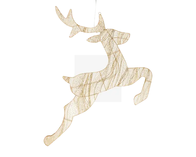 Et dekorativt ophængsornament formet som en springende rensdyr. Ornamentet er lavet af et fladt, let materiale og har en hvid grundfarve med gyldne, glitrende linjer og prikker, der danner et elegant, snoet mønster over hele overfladen. Rensdyret har detaljerede gevirer og en båndløkke øverst til nem ophængning.