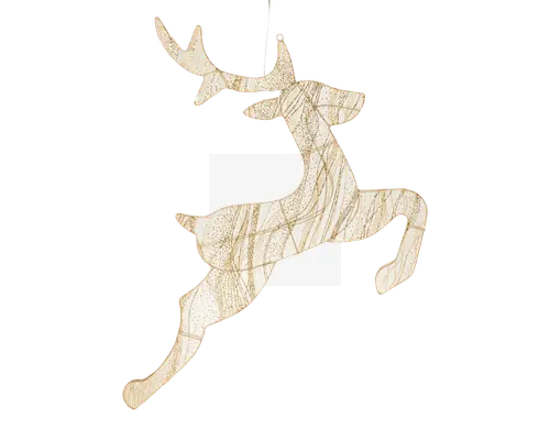 Et dekorativt ophængsornament formet som en springende rensdyr. Ornamentet er lavet af et fladt, let materiale og har en hvid grundfarve med gyldne, glitrende linjer og prikker, der danner et elegant, snoet mønster over hele overfladen. Rensdyret har detaljerede gevirer og en båndløkke øverst til nem ophængning.