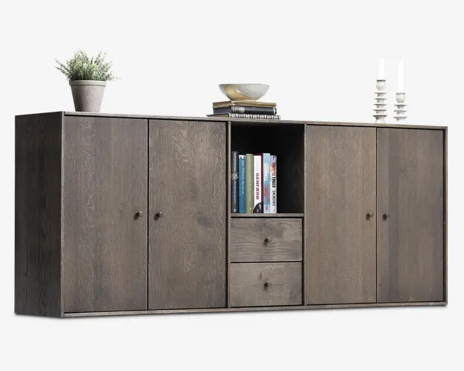 Reolopstilling med døre og skuffer røget eg