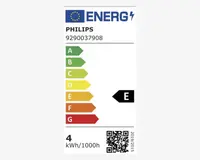 Billedet viser et EU-energimærke for et Philips-produkt med modelnummer 9290037908. Mærket har en farvekodet energieffektivitets-skala fra A (grøn, mest effektiv) til G (rød, mindst effektiv), hvor dette produkt er klassificeret som E (orange). Energiforbruget er angivet til 4 kWh pr. 1000 timer. Nederst til højre er der en QR-kode til yderligere information.