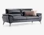 Moderne sofa betrukket med glat sort læder og udstyret med bløde, polstrede armlæn og ryglæn for ekstra komfort. Sofaen har slanke, skrå metalben, der giver et moderne udtryk. To dekorative pyntepuder i forskellige teksturer og brune nuancer tilføjer et hyggeligt præg til siddeområdet.