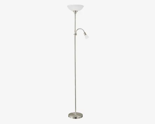 Høj, slank standerlampe med børstet metalfinish. Lampen har en opadrettet, skålformet hovedskærm øverst og en sekundær, justerbar læselampe med en mindre skærm, der sidder midt på stangen. Begge skærme er hvide, hvilket giver et moderne og alsidigt udtryk. Basen er rund og stabil for god støtte.
