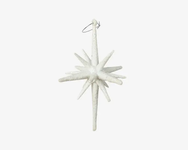 Et dekorativt ophængsornament formet som en stjerne med mange spidse stråler, der udgår fra en central kugle. Overfladen er hvid med et diskret glitrende finish, hvilket giver et festligt og funklende udtryk. Øverst er der en lille løkke til nem ophængning.