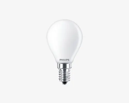 Mat glas pære med en afrundet, dråbeformet udformning. Pæren har en metal skruefatning for nem montering og mærket 'PHILIPS' trykt nær bunden. Overfladen er glat og uigennemsigtig, hvilket giver en jævn lysfordeling, når den er tændt.