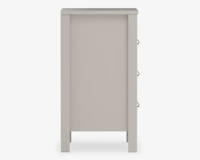 Sidevisning af et møbel med et glat, fladt paneldesign. Overfladen har en lys, neutral farve, og benene er lige og robuste. Konstruktionen virker solid med rene linjer og et moderne, minimalistisk udtryk.