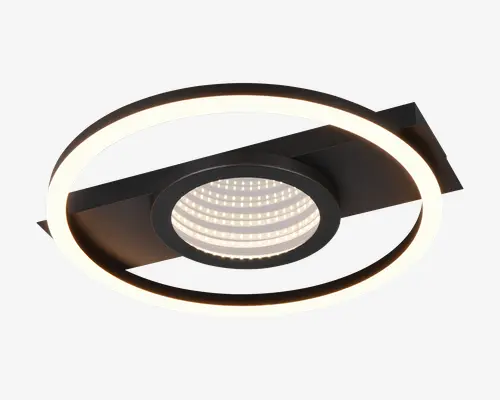 Moderne loftlampe med en cirkulær LED-ring og mat sort finish. Designet inkluderer en central skive med koncentriske LED-mønstre, der giver både direkte og omgivende belysning. Lampen har et slankt, minimalistisk udseende, der passer til moderne indretning.