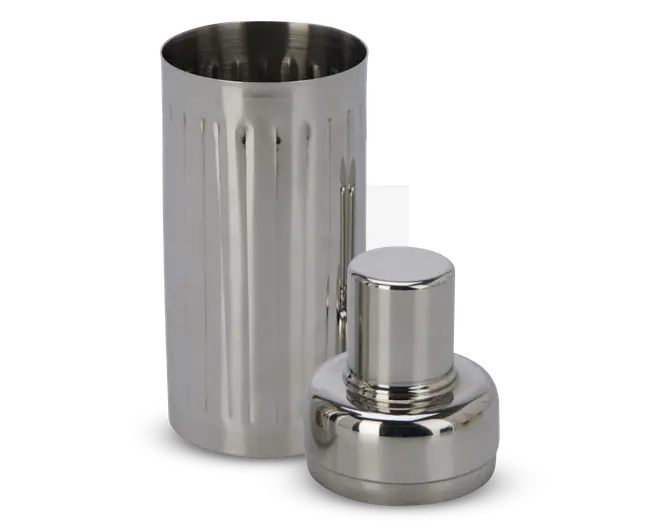En blank, cylindrisk beholder af rustfrit stål med lodrette riller langs siderne. Beholderen er åben i toppen, og ved siden af står et matchende låg med en glat, rund form og gevind for sikker lukning. Den polerede metaloverflade giver et moderne og stilrent udtryk.