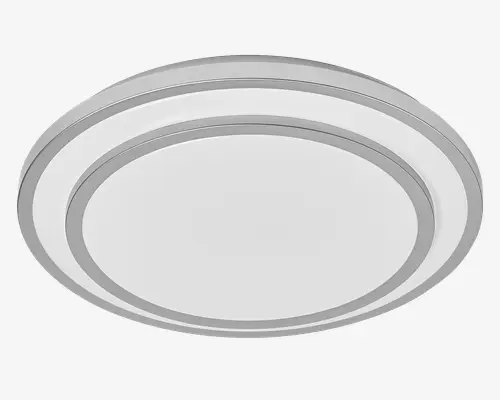 Rundt loftarmatur med et moderne, minimalistisk design. Det har en flad, hvid diffuser i midten, omgivet af to koncentriske sølvfarvede ringe. Armaturet har en lav profil og monteres tæt til loftet, hvilket gør det velegnet til rum med lav loftshøjde. Den glatte overflade og de rene linjer giver et nutidigt udtryk.