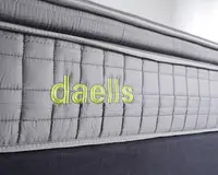 Nærbillede af en madras' sidepanel med lysegråt, quiltet stof i et ternet mønster. Brandnavnet 'daells' er broderet med lysegrønt garn. Syninger og polstring er tydelige, hvilket indikerer en solid og støttende kant.
