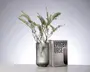 En klar, cylindrisk glasvase med lodrette riller, placeret ved siden af sin emballageæske. Vasens design er moderne og minimalistisk. Den er fyldt med fine grønne grene og små hvide blomster. På æsken står der 'Lyngby Vase', og det fremgår, at vasen er 20 cm høj.