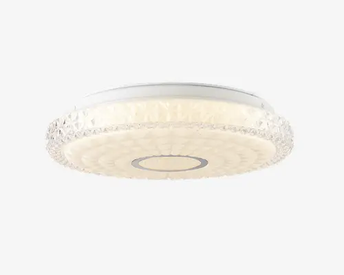 Rund loftlampe med matteret, tekstureret glasafdækning, der har et geometrisk diamantmønster langs kanten. Midten har en cirkulær metalaccent, og lampen udsender et blødt, diffust lys. Designet er moderne og elegant, velegnet til nutidige indretninger.