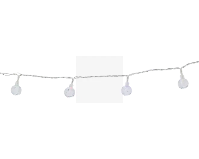 En række med fem jævnt fordelte klare, facetslebne pærer, der er fastgjort til en tynd, gennemsigtig ledning. Hver pære er formet som en lille krystal, hvilket giver et dekorativt og elegant udseende. Ledningen er let og fleksibel, velegnet til ophængning eller dekoration i forskellige omgivelser.