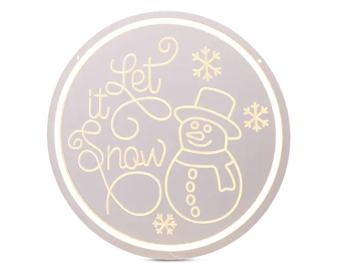 Rundt dekorativt element med en blød hvid glød, der har et indgraveret motiv af en smilende snemand med høj hat og tørklæde. Snemanden er omgivet af tre snefnug og teksten 'Let it snow' skrevet i elegant, svungne bogstaver. Designet er oplyst, så detaljerne træder tydeligt frem mod den matte baggrund.