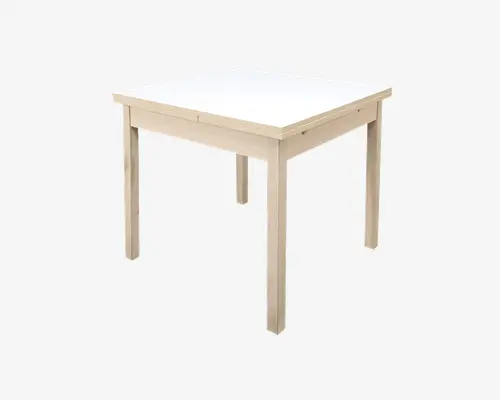 Firkantet bord med hvid bordplade og lyse træben samt ramme. Designet er enkelt og moderne med lige ben og rene linjer. Bordet virker solidt og egner sig til små spiseområder eller som arbejdsbord.