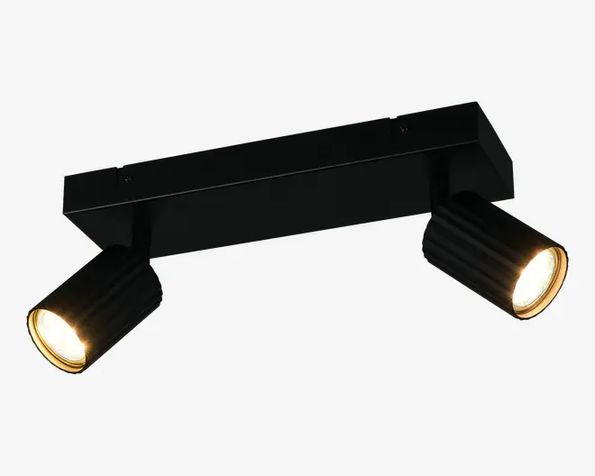 Et moderne loftmonteret armatur med to justerbare spotlys. Armaturet har en mat sort finish, og hver spot har en cylindrisk form med rillet tekstur for bedre greb og stil. Spotlysene udsender et varmt hvidt lys og kan rettes individuelt for at fremhæve bestemte områder. Den rektangulære base giver et slankt og minimalistisk udtryk, der passer til moderne indretning.