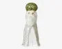 Blank keramisk figurine af en skægget skikkelse med grøn hat, hvidt ansigt og krop samt lysegrå plettede sider.
