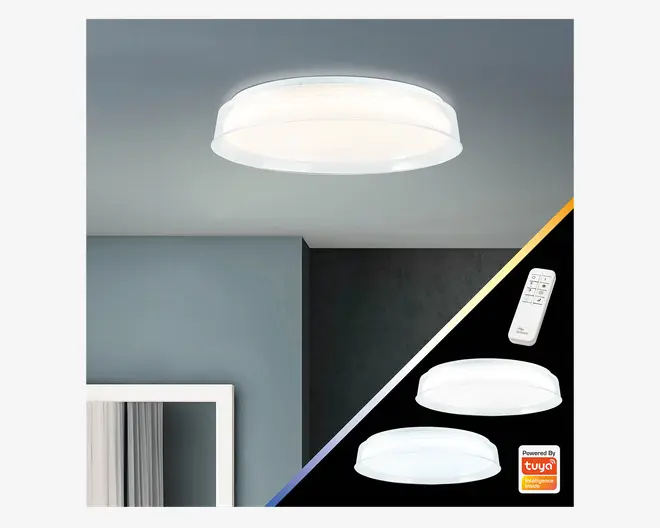 Rundt, moderne loftlys med hvid, mat overflade og let hævet kant. Lampen leveres med en fjernbetjening, der kan justere lysstyrke og farvetemperatur. Den er kompatibel med smart home-systemer, hvilket fremgår af 'Powered by Tuya'-logoet. Designet er stilrent og minimalistisk, velegnet til moderne indretning.