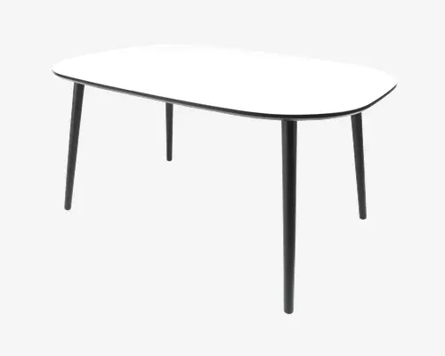 Et moderne bord med en glat, hvid, afrundet rektangulær bordplade og fire slanke, sorte metalben. Bordet har et minimalistisk design med let buede kanter, hvilket giver det et moderne udtryk, der passer til spise- eller kontormiljøer.