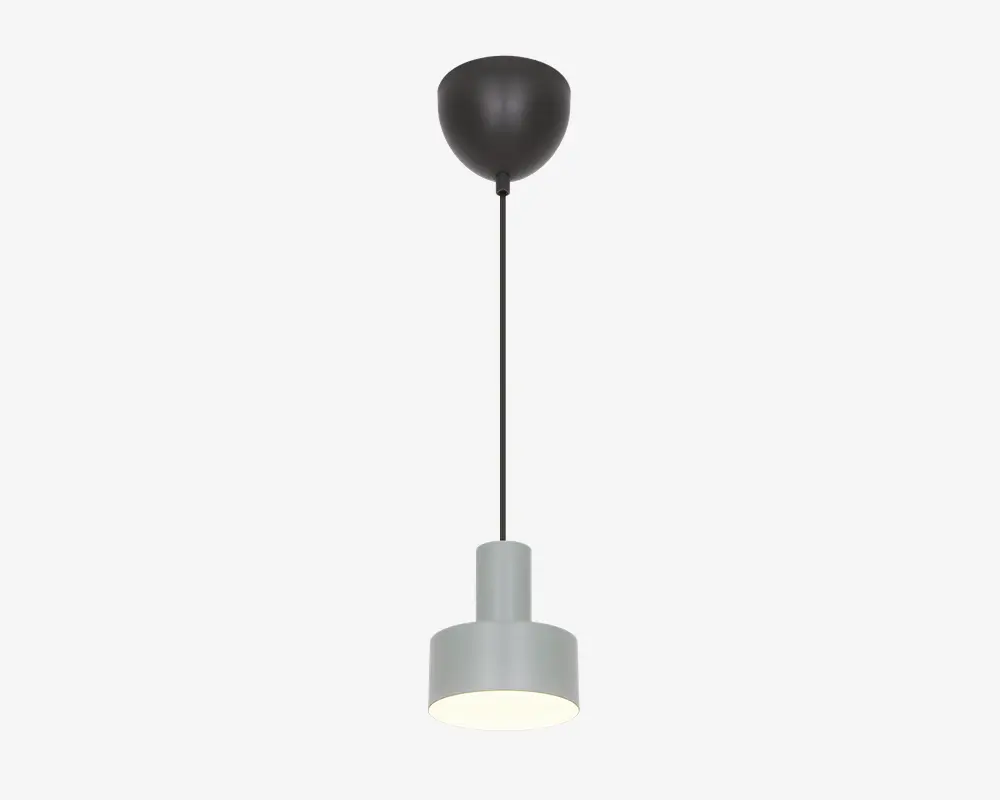 Et moderne pendellampe-armatur med en mat sort loftsroset og en slank sort ledning. Skærmen er cylindrisk med en blød grå finish og en lidt bredere bund, der leder lyset nedad for målrettet belysning. Designet er minimalistisk og passer til moderne indretning.