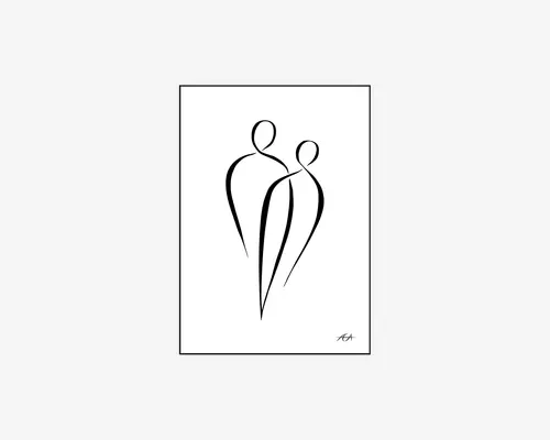 Minimalistisk stregkunst med to abstrakte menneskefigurer side om side, tegnet med glatte, flydende sorte linjer på en hvid baggrund. Figurerne har ingen ansigtstræk eller detaljeret anatomi, hvilket understreger enkelhed og elegance. Kunstværket har et moderne, rent udtryk, der passer til nutidig indretning.