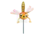 En fantasifuld havepynt formet som et tegneserieagtigt insekt med en rund gul-orange krop, store udtryksfulde øjne og et smilende ansigt. Den har to lyserøde vinger med røde detaljer, to gule arme med åbne hænder og en stribet gul og brun hale. Pynten er monteret på en tynd metalpind, så den let kan placeres i jorden.