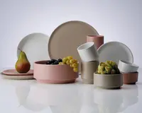 Et sæt moderne keramikservice i afdæmpede nuancer af rosa, beige og hvid. Kollektionen består af tallerkener, skåle, kopper og krus med mat finish og minimalistisk design. Nogle af skålene og tallerkenerne er fyldt med frisk frugt, hvilket viser størrelsen og dybden på delene. Service har rene linjer og et moderne udtryk, velegnet til både hverdag og fest.