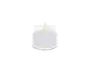 Et lille hvidt flammeløst lys med en blød, lysende flamme og en rund, voksagtig krop.