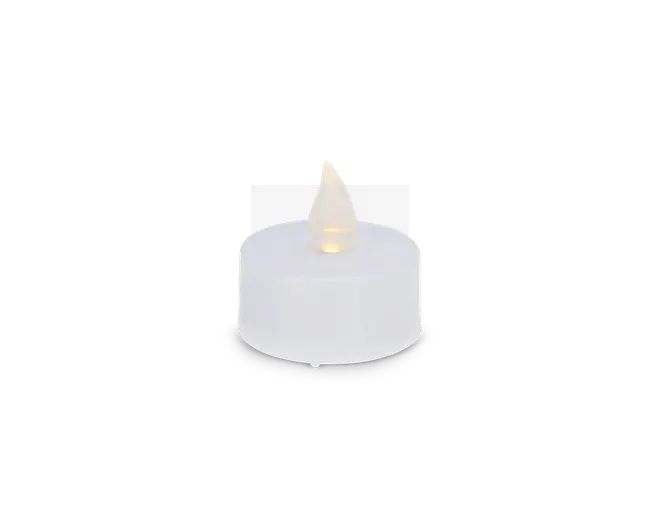 Et lille hvidt flammeløst lys med en blød, lysende flamme og en rund, voksagtig krop.