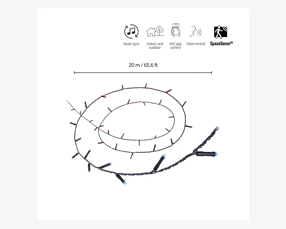 En 20 meter (65,6 fod) lang lyskæde med flerfarvede LED-lys og sort kabel. Lysene er jævnt fordelt langs hele kæden. Produktet har funktioner som musik-synkronisering, kan bruges både indendørs og udendørs, styres via en dedikeret app og med stemmekontrol, og har SpaceSense-teknologi. Kæden har et stik i den ene ende til strøm eller sammenkobling af flere sæt.