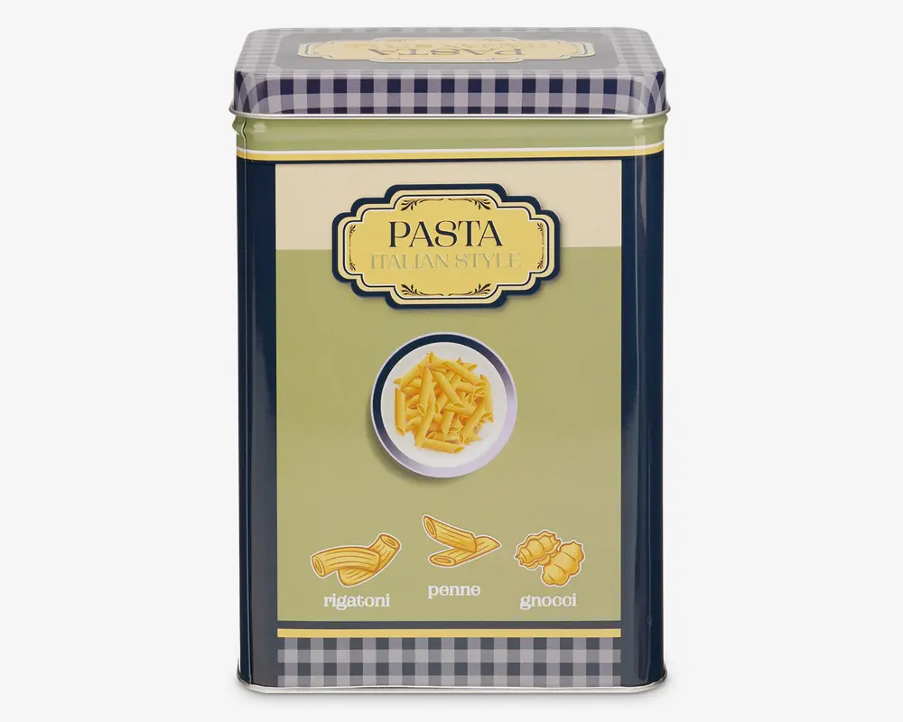 Rektangulær metaldåse med blå og hvidt ternet låg og bund. Forsiden har et dekorativt mærkat med teksten 'Pasta Italian Style' samt illustrationer af tre pastatyper: rigatoni, penne og gnocchi. Dåsen har et centralt billede af en skål fyldt med pasta, og designet er holdt i grønne, cremefarvede og mørkeblå nuancer.