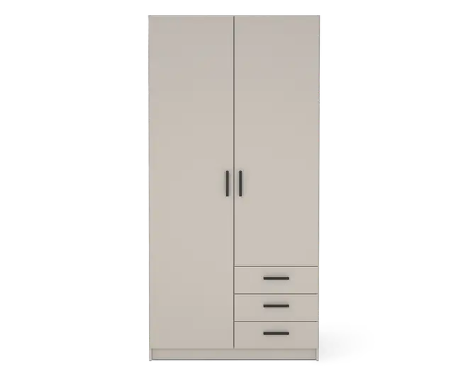 Høj, fritstående opbevaringsenhed med en glat, lysebeige overflade. Har to store låger med lodrette sorte greb i midten samt tre vandrette skuffer med tilsvarende sorte greb nederst til højre. Designet er moderne og minimalistisk med rene linjer og uden synlig udsmykning.