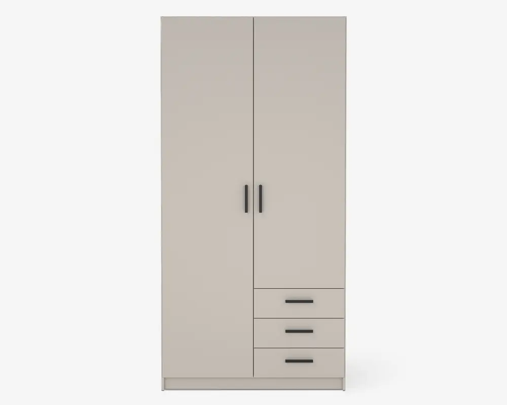 Høj, fritstående opbevaringsenhed med en glat, lysebeige overflade. Har to store låger med lodrette sorte greb i midten samt tre vandrette skuffer med tilsvarende sorte greb nederst til højre. Designet er moderne og minimalistisk med rene linjer og uden synlig udsmykning.