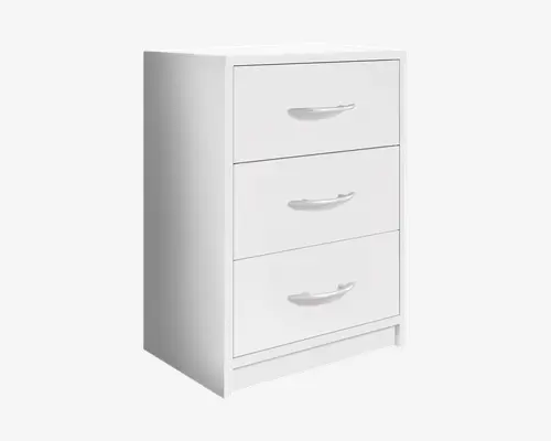 En kompakt, rektangulær opbevaringsenhed med en glat, hvid overflade. Den har tre rummelige skuffer, hver med et elegant, buet sølvhåndtag for nem åbning. Designet er minimalistisk og moderne med rene linjer og en let hævet sokkel for stabilitet.