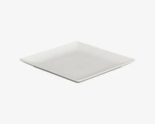 En firkantet, hvid tallerken med let hævede kanter og en glat, blank overflade. Designet er minimalistisk og moderne, velegnet til servering af forretter, desserter eller hovedretter. Tallerkenen ser ud til at være lavet af keramik eller porcelæn og giver et rent og elegant udtryk til borddækningen.