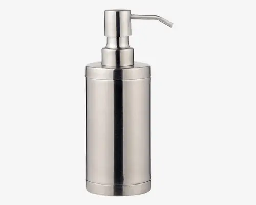Elegant, cylindrisk dispenser fremstillet af børstet rustfrit stål med en blank overflade. Har en solid pumpefunktion og en lang, let buet tud for nem dosering. Designet er moderne og minimalistisk, velegnet til nutidigt badeværelse eller køkkenindretning.