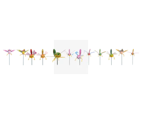 Et sæt farverige havespinnere formet som forskellige insekter og blomster. Hver spinner har livlige farver som pink, gul, grøn og blå med sjove motiver, herunder mariehøns, bier, sommerfugle og blomster. Spinnerne er monteret på tynde metalstænger, så de nemt kan placeres i jord eller blomsterbede. Vingerne er lavet af let materiale, så de nemt fanger vinden og drejer rundt, hvilket giver et dekorativt og fantasifuldt udtryk til udendørsområder.