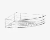 Et trekantet hjørnehylde lavet af metaltråd med kromfinish. Hylden har et åbent gitterdesign, der tillader dræning, og to monteringshuller bagpå til vægmontering. Kanterne er let forhøjede for at forhindre, at genstande glider af.