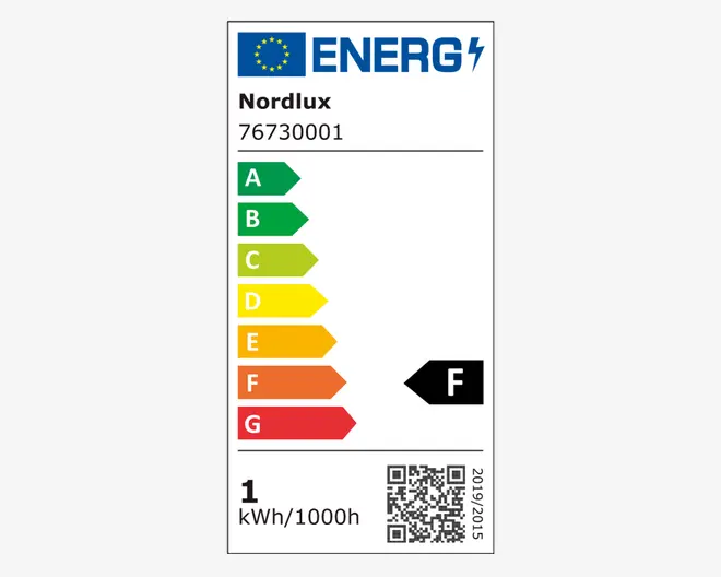 Billedet viser et EU-energimærke for et Nordlux-produkt med modelnummer 76730001. Energieffektiviteten er klassificeret som F, hvilket vises med en sort pil, der peger på bogstavet F på en farveskala fra A (grøn, mest effektiv) til G (rød, mindst effektiv). Mærket angiver også et energiforbrug på 1 kWh pr. 1000 timer og har en QR-kode nederst til højre.