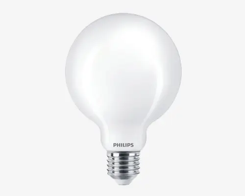 Mat glaspære med stor, rund globusform og standard skruefatning. Overfladen er glat og uigennemsigtig, hvilket giver en jævn lysfordeling. Fatningen er af metal og har Philips-logoet trykt nær bunden af pæren.