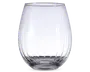 Klar glas med afrundet, stilkløs form og lodrette rillede teksturer, der løber fra top til bund. Glasset har en bred skålform, en glat kant og en tyk, solid bund for stabilitet.