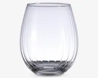 Klar glas med afrundet, stilkløs form og lodrette rillede teksturer, der løber fra top til bund. Glasset har en bred skålform, en glat kant og en tyk, solid bund for stabilitet.